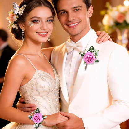 2Pcs Pink Wrist Corsage and Men Boutonniere Set, Artificial Flower Wristlet Band Bracelet, Rose Boutonniere Accessories for Wedding Prom Party Homecoming Decorations
