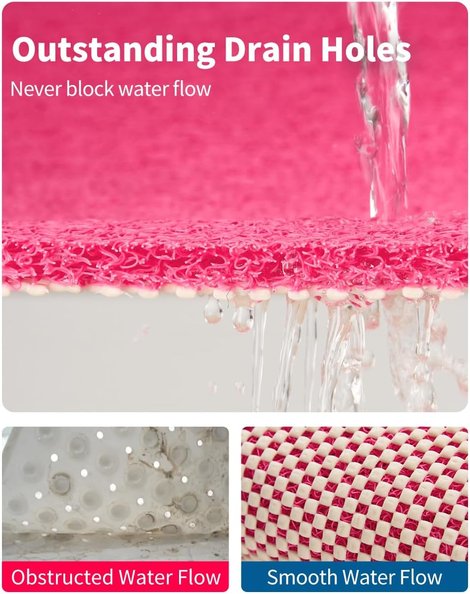 Non Slip Shower Mat, Comfortable Bath mat for Textured Surface,Quick Drying Easy Cleaning Shower Floor Mat for Wet Area,Without Suction Cups Pink 24 x 24