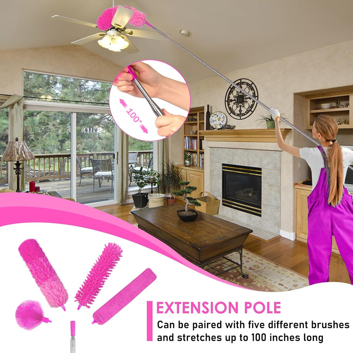 Microfiber Dusters for Cleaning,14PCS Feather Dusters with Extension Pole,Bendable Washable and Extendable Duster for High Ceilings, Fans and Blinds House Cleaning Kit Pink Gift for Women