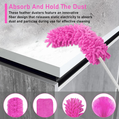 Microfiber Dusters for Cleaning,14PCS Feather Dusters with Extension Pole,Bendable Washable and Extendable Duster for High Ceilings, Fans and Blinds House Cleaning Kit Pink Gift for Women