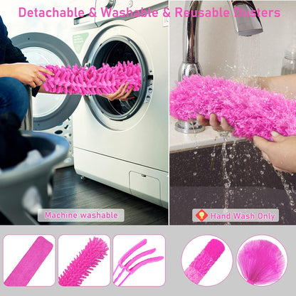 Microfiber Dusters for Cleaning,14PCS Feather Dusters with Extension Pole,Bendable Washable and Extendable Duster for High Ceilings, Fans and Blinds House Cleaning Kit Pink Gift for Women