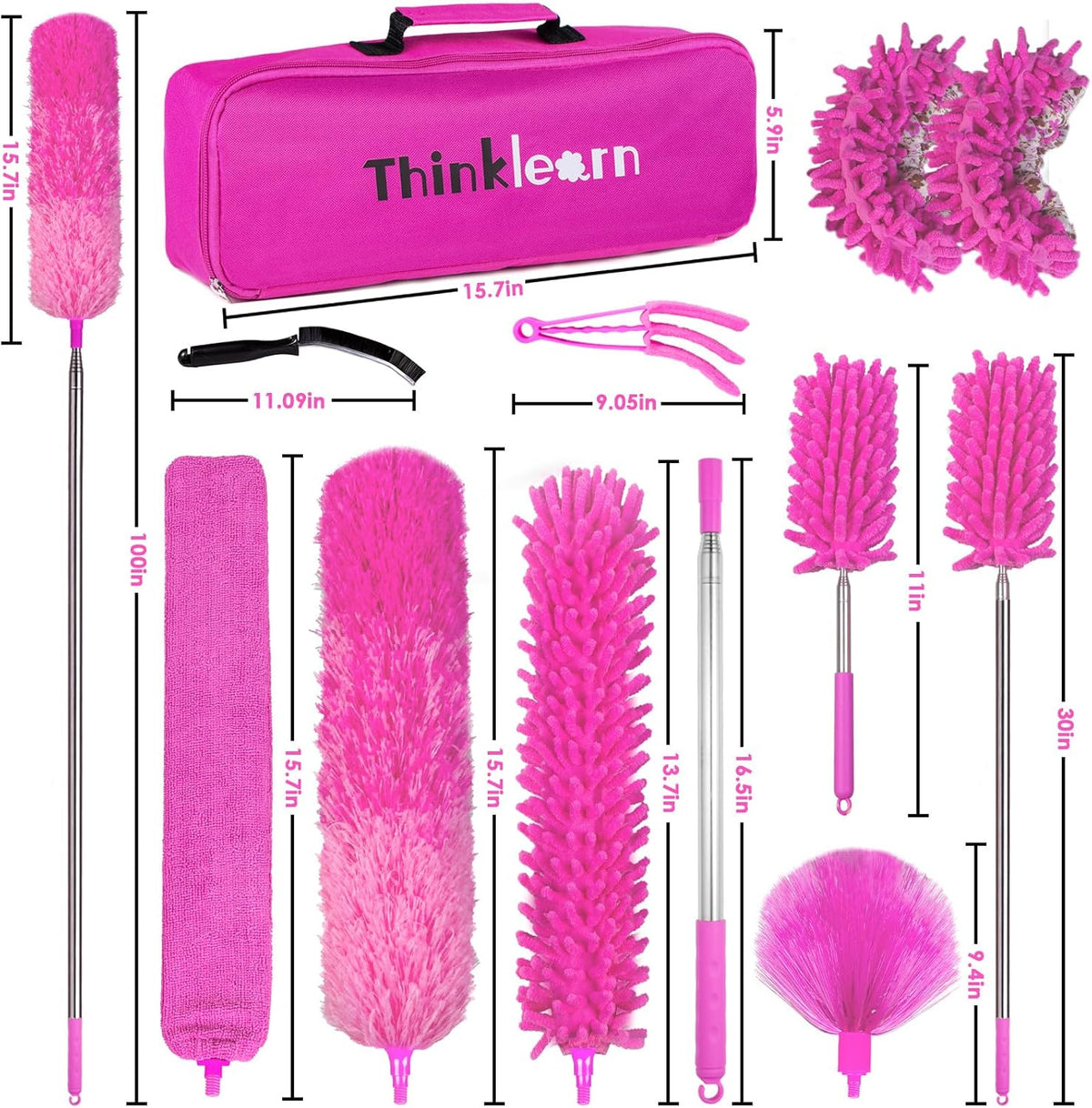 Microfiber Dusters for Cleaning,14PCS Feather Dusters with Extension Pole,Bendable Washable and Extendable Duster for High Ceilings, Fans and Blinds House Cleaning Kit Pink Gift for Women