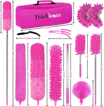 Microfiber Dusters for Cleaning,14PCS Feather Dusters with Extension Pole,Bendable Washable and Extendable Duster for High Ceilings, Fans and Blinds House Cleaning Kit Pink Gift for Women
