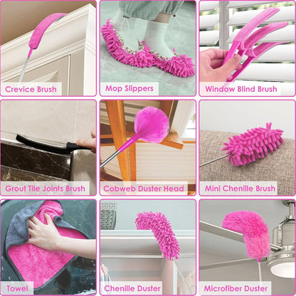 Microfiber Dusters for Cleaning,14PCS Feather Dusters with Extension Pole,Bendable Washable and Extendable Duster for High Ceilings, Fans and Blinds House Cleaning Kit Pink Gift for Women