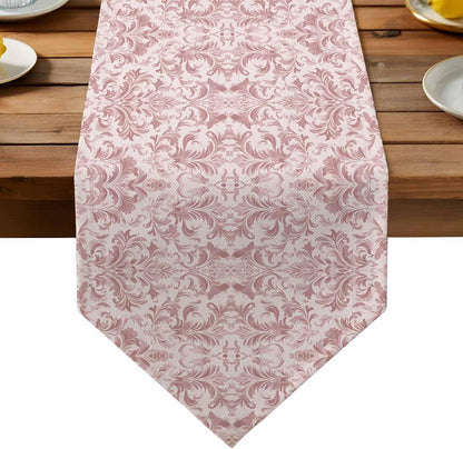 Pink Baroque Table Runner Linen Burlap Table Runner 72 Inches Long Farmhouse Scroll Floral Damask Patterned Dresser Scarves for Kitchen Island Coffee Dining Room Party Wedding Holiday Decor 13"x72"