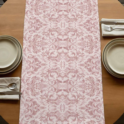 Pink Baroque Table Runner Linen Burlap Table Runner 72 Inches Long Farmhouse Scroll Floral Damask Patterned Dresser Scarves for Kitchen Island Coffee Dining Room Party Wedding Holiday Decor 13"x72"