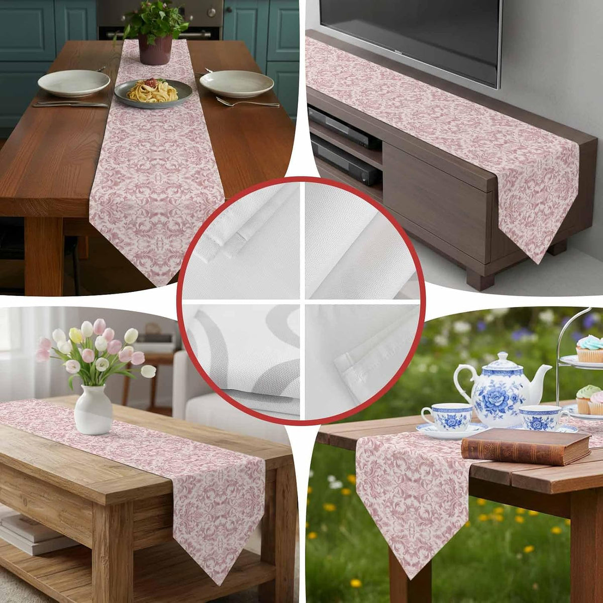 Pink Baroque Table Runner Linen Burlap Table Runner 72 Inches Long Farmhouse Scroll Floral Damask Patterned Dresser Scarves for Kitchen Island Coffee Dining Room Party Wedding Holiday Decor 13"x72"