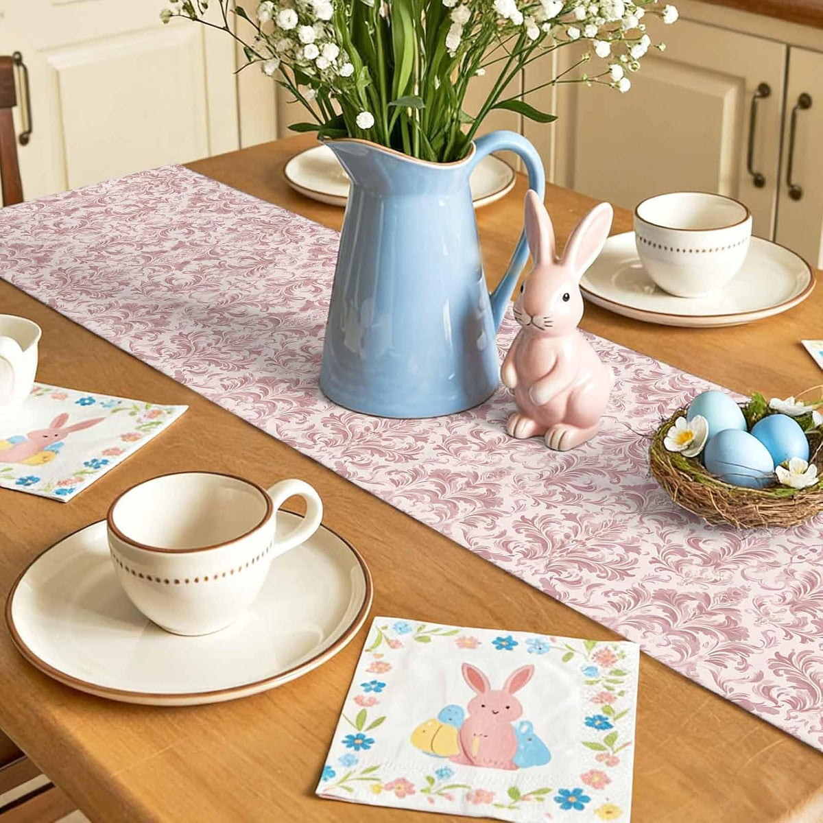 Pink Baroque Table Runner Linen Burlap Table Runner 72 Inches Long Farmhouse Scroll Floral Damask Patterned Dresser Scarves for Kitchen Island Coffee Dining Room Party Wedding Holiday Decor 13"x72"