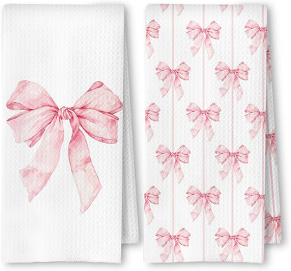 Pink Preppy Kitchen Towels Set of 2, Preppy Coquette Bow Hand Towels for Bathroom, Pink Dish Tea Towels for Kitchen Decor, Coquette Girly Bathroom Decor, 16x24 Inches