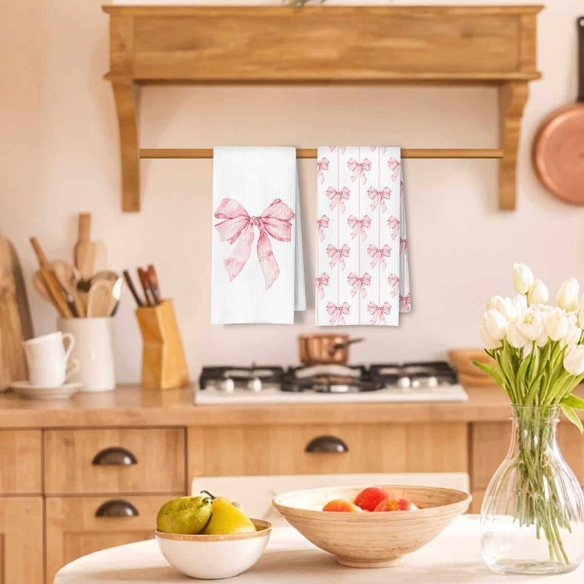 Pink Preppy Kitchen Towels Set of 2, Preppy Coquette Bow Hand Towels for Bathroom, Pink Dish Tea Towels for Kitchen Decor, Coquette Girly Bathroom Decor, 16x24 Inches