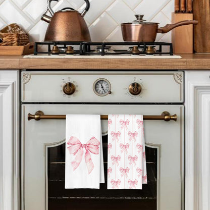 Pink Preppy Kitchen Towels Set of 2, Preppy Coquette Bow Hand Towels for Bathroom, Pink Dish Tea Towels for Kitchen Decor, Coquette Girly Bathroom Decor, 16x24 Inches