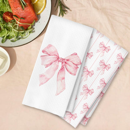 Pink Preppy Kitchen Towels Set of 2, Preppy Coquette Bow Hand Towels for Bathroom, Pink Dish Tea Towels for Kitchen Decor, Coquette Girly Bathroom Decor, 16x24 Inches