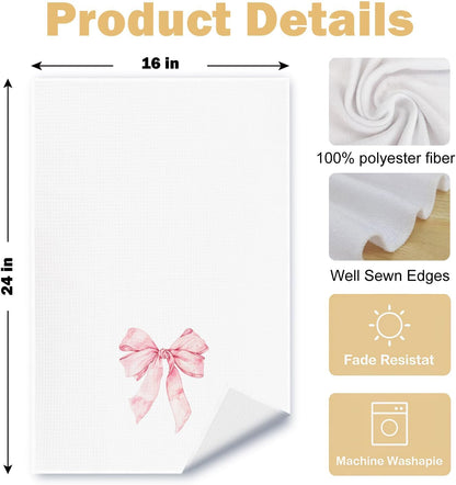 Pink Preppy Kitchen Towels Set of 2, Preppy Coquette Bow Hand Towels for Bathroom, Pink Dish Tea Towels for Kitchen Decor, Coquette Girly Bathroom Decor, 16x24 Inches