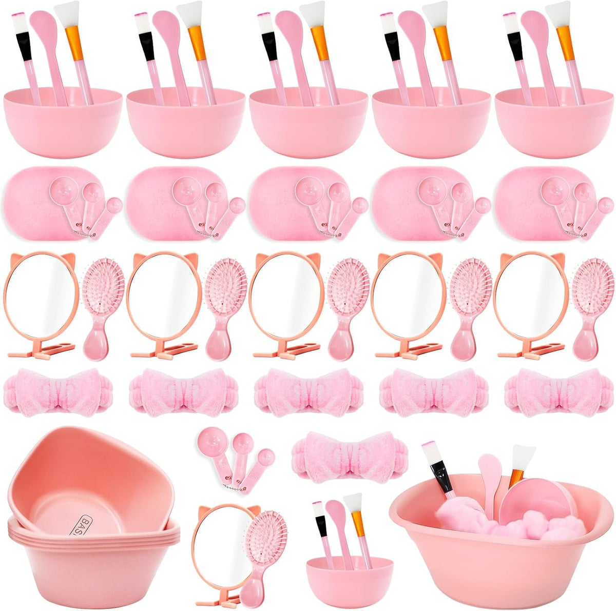 6 Set Spa Sleepover Party Supplies for Women, Include Facial Mask Bowls Spatula Brush Puff Measuring Scoop Basin Mirror Air Cushion Comb Headband Spa Birthday Party Favor (Pink)