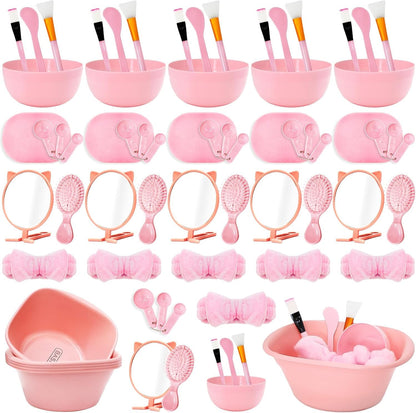 6 Set Spa Sleepover Party Supplies for Women, Include Facial Mask Bowls Spatula Brush Puff Measuring Scoop Basin Mirror Air Cushion Comb Headband Spa Birthday Party Favor (Pink)