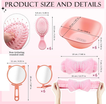6 Set Spa Sleepover Party Supplies for Women, Include Facial Mask Bowls Spatula Brush Puff Measuring Scoop Basin Mirror Air Cushion Comb Headband Spa Birthday Party Favor (Pink)