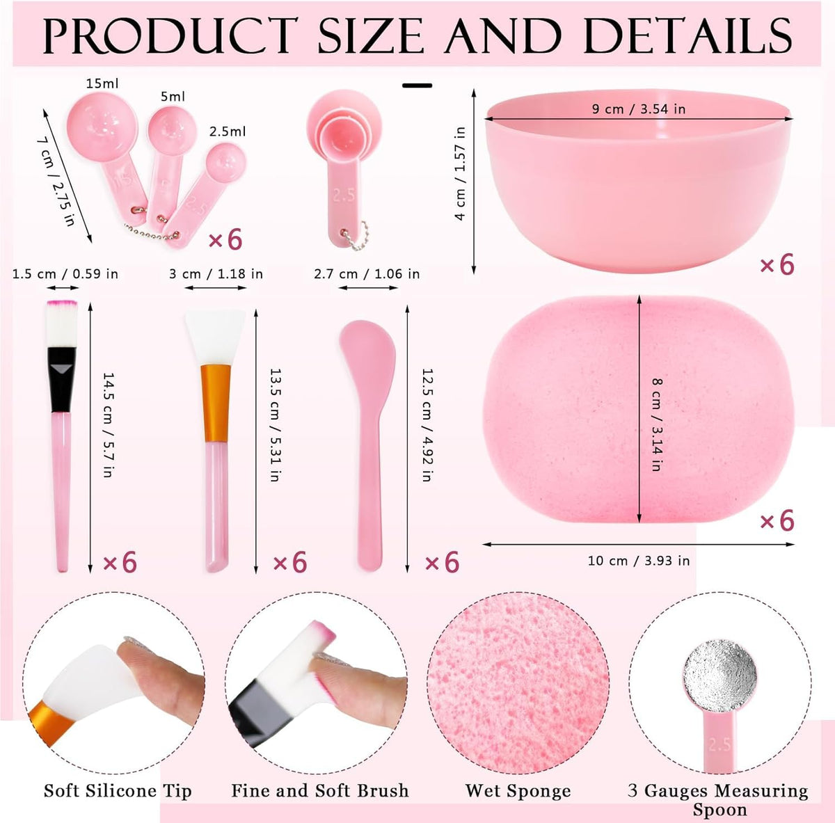 6 Set Spa Sleepover Party Supplies for Women, Include Facial Mask Bowls Spatula Brush Puff Measuring Scoop Basin Mirror Air Cushion Comb Headband Spa Birthday Party Favor (Pink)