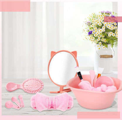 6 Set Spa Sleepover Party Supplies for Women, Include Facial Mask Bowls Spatula Brush Puff Measuring Scoop Basin Mirror Air Cushion Comb Headband Spa Birthday Party Favor (Pink)