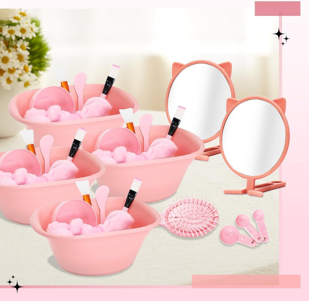 6 Set Spa Sleepover Party Supplies for Women, Include Facial Mask Bowls Spatula Brush Puff Measuring Scoop Basin Mirror Air Cushion Comb Headband Spa Birthday Party Favor (Pink)