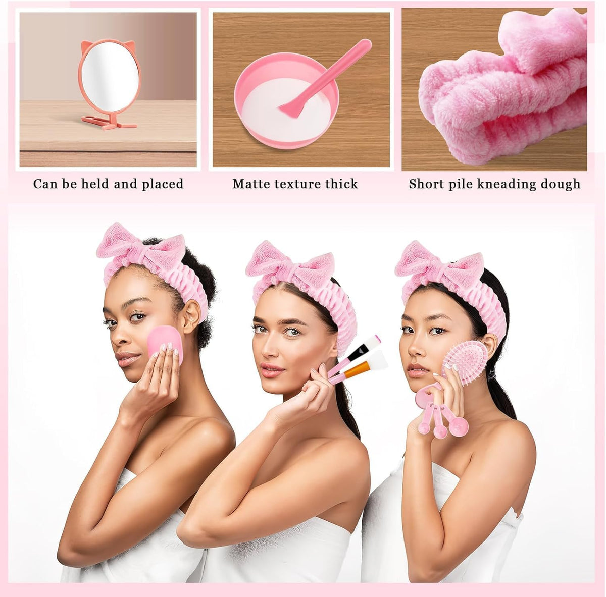6 Set Spa Sleepover Party Supplies for Women, Include Facial Mask Bowls Spatula Brush Puff Measuring Scoop Basin Mirror Air Cushion Comb Headband Spa Birthday Party Favor (Pink)