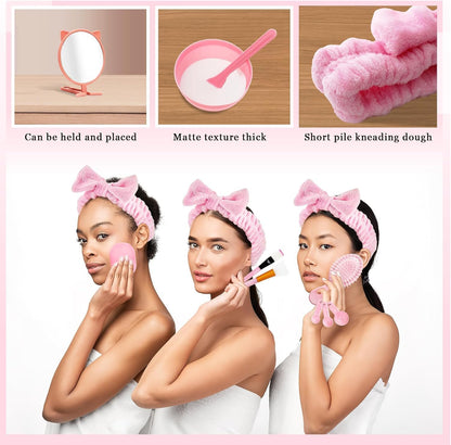 6 Set Spa Sleepover Party Supplies for Women, Include Facial Mask Bowls Spatula Brush Puff Measuring Scoop Basin Mirror Air Cushion Comb Headband Spa Birthday Party Favor (Pink)