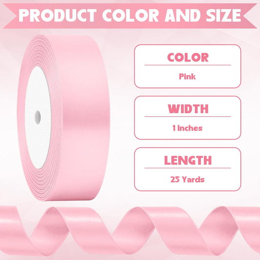 Pink Ribbon, 25 Yards Pink Ribbon for Gift Wrapping, Polyester Satin 1 Inch Mothers Day Ribbons for Wedding Flower Bouquet Valentines Day Decorations DIY Bows Breast Cancer Awareness Crafts