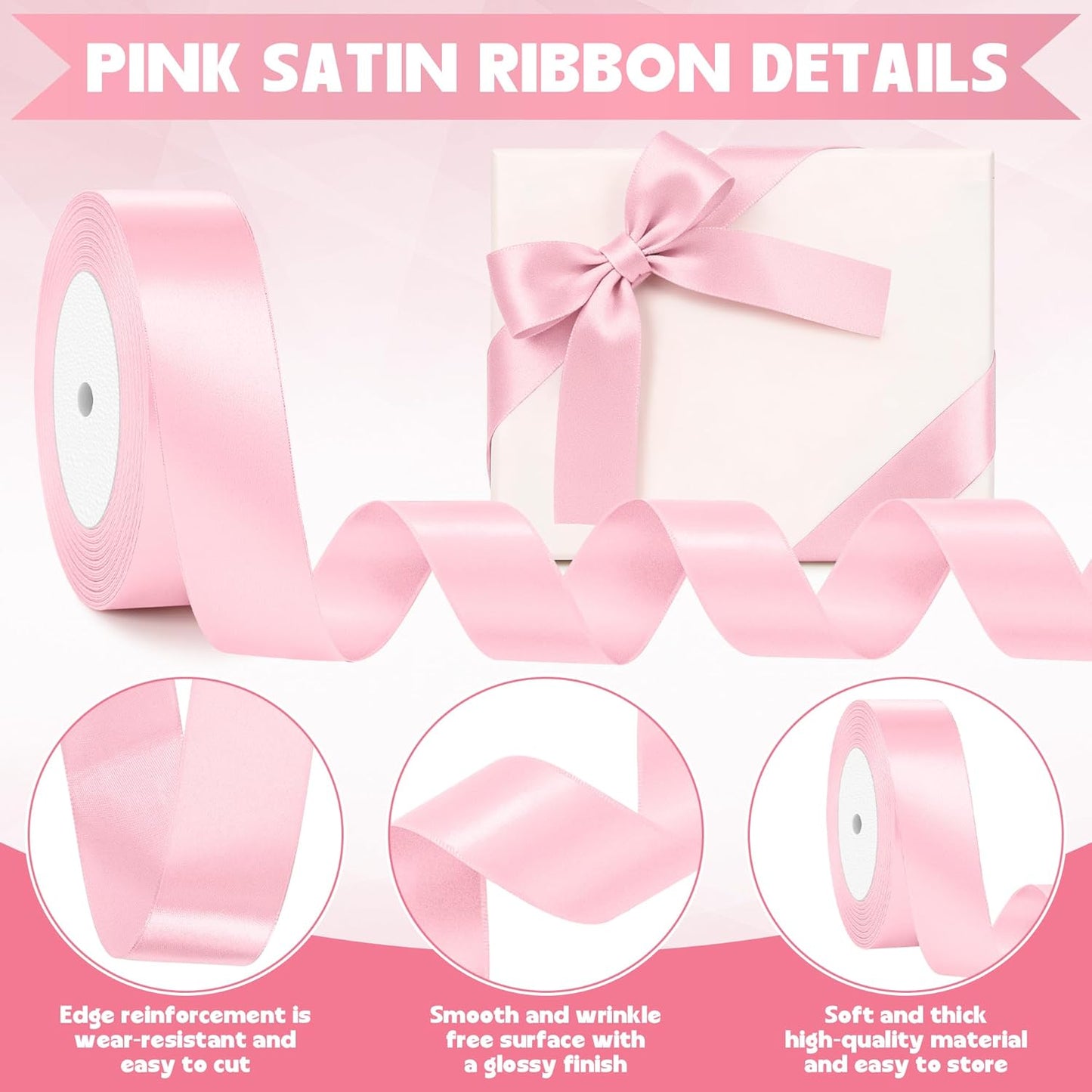 Pink Ribbon, 25 Yards Pink Ribbon for Gift Wrapping, Polyester Satin 1 Inch Mothers Day Ribbons for Wedding Flower Bouquet Valentines Day Decorations DIY Bows Breast Cancer Awareness Crafts