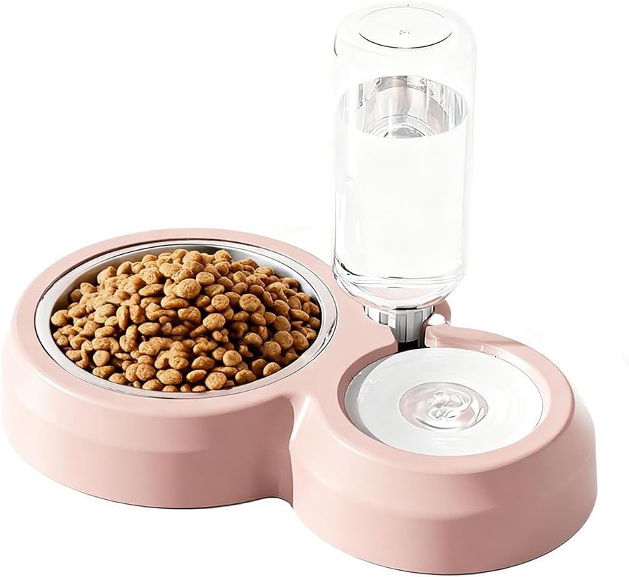 Double Dog Cat Bowls, Cat Food and Water Bowl Set with Auto-Water Dispenser and Stainless Steel Bowl Feeder for Small Size Dogs & Cats, Gift of Anti-Slip Mat, Chic Pink