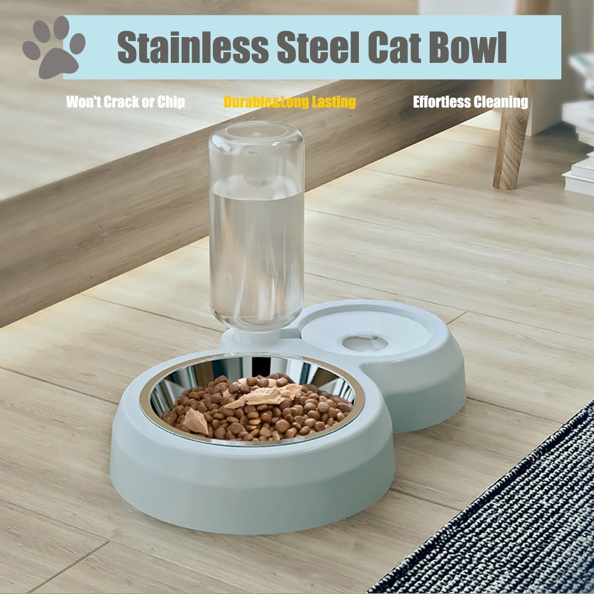 Double Dog Cat Bowls, Cat Food and Water Bowl Set with Auto-Water Dispenser and Stainless Steel Bowl Feeder for Small Size Dogs & Cats, Gift of Anti-Slip Mat, Chic Pink