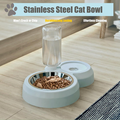 Double Dog Cat Bowls, Cat Food and Water Bowl Set with Auto-Water Dispenser and Stainless Steel Bowl Feeder for Small Size Dogs & Cats, Gift of Anti-Slip Mat, Chic Pink
