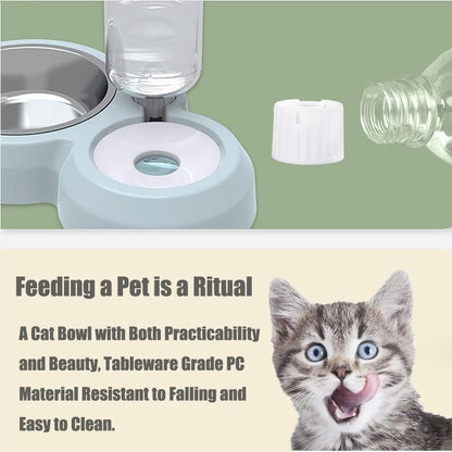 Double Dog Cat Bowls, Cat Food and Water Bowl Set with Auto-Water Dispenser and Stainless Steel Bowl Feeder for Small Size Dogs & Cats, Gift of Anti-Slip Mat, Chic Pink