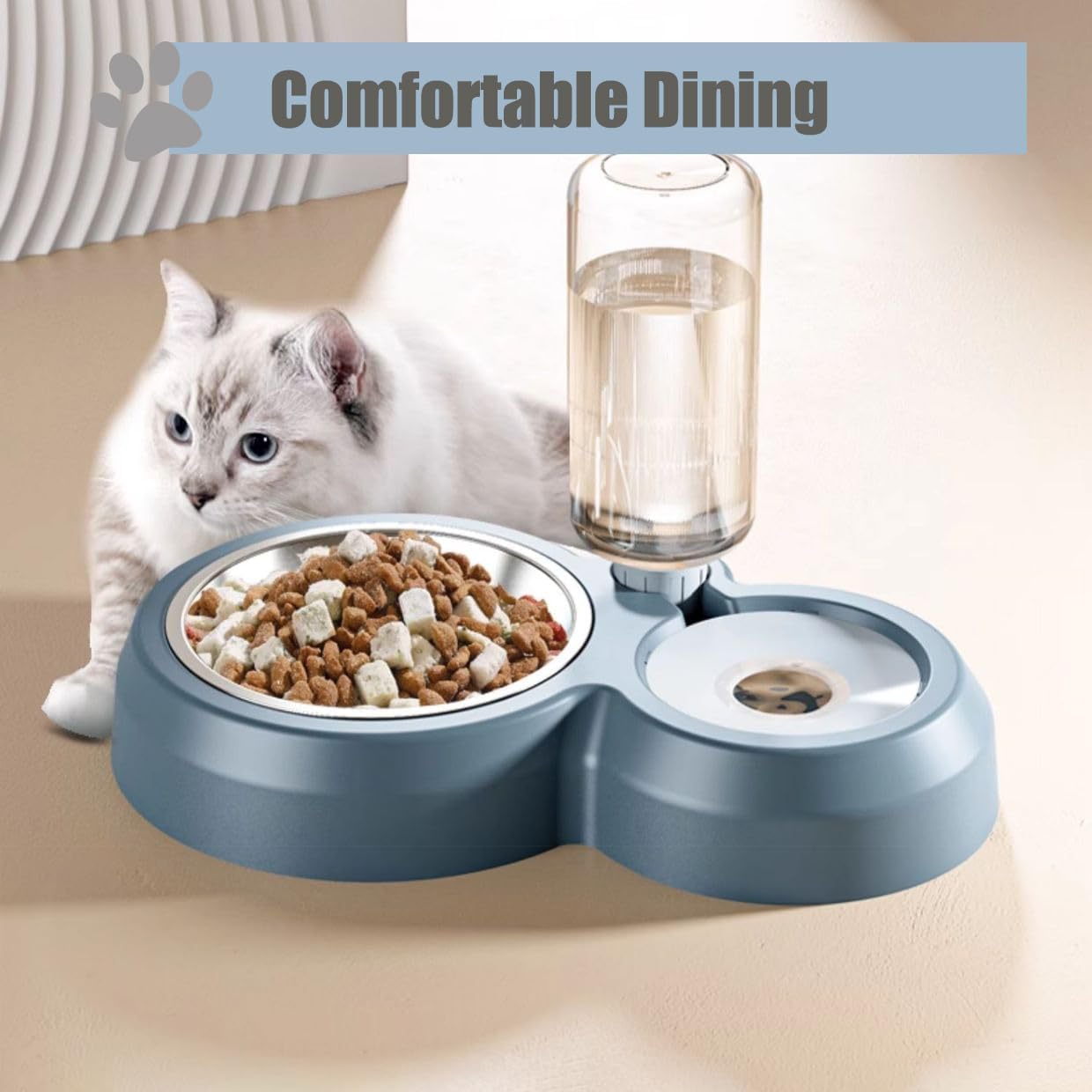 Double Dog Cat Bowls, Cat Food and Water Bowl Set with Auto-Water Dispenser and Stainless Steel Bowl Feeder for Small Size Dogs & Cats, Gift of Anti-Slip Mat, Chic Pink