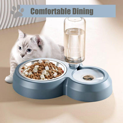 Double Dog Cat Bowls, Cat Food and Water Bowl Set with Auto-Water Dispenser and Stainless Steel Bowl Feeder for Small Size Dogs & Cats, Gift of Anti-Slip Mat, Chic Pink