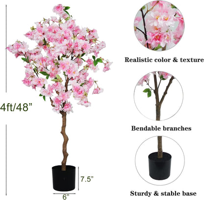 4FT Artificial Cherry Blossom Tree, Pink Faux Flower Tree in Pot for Home