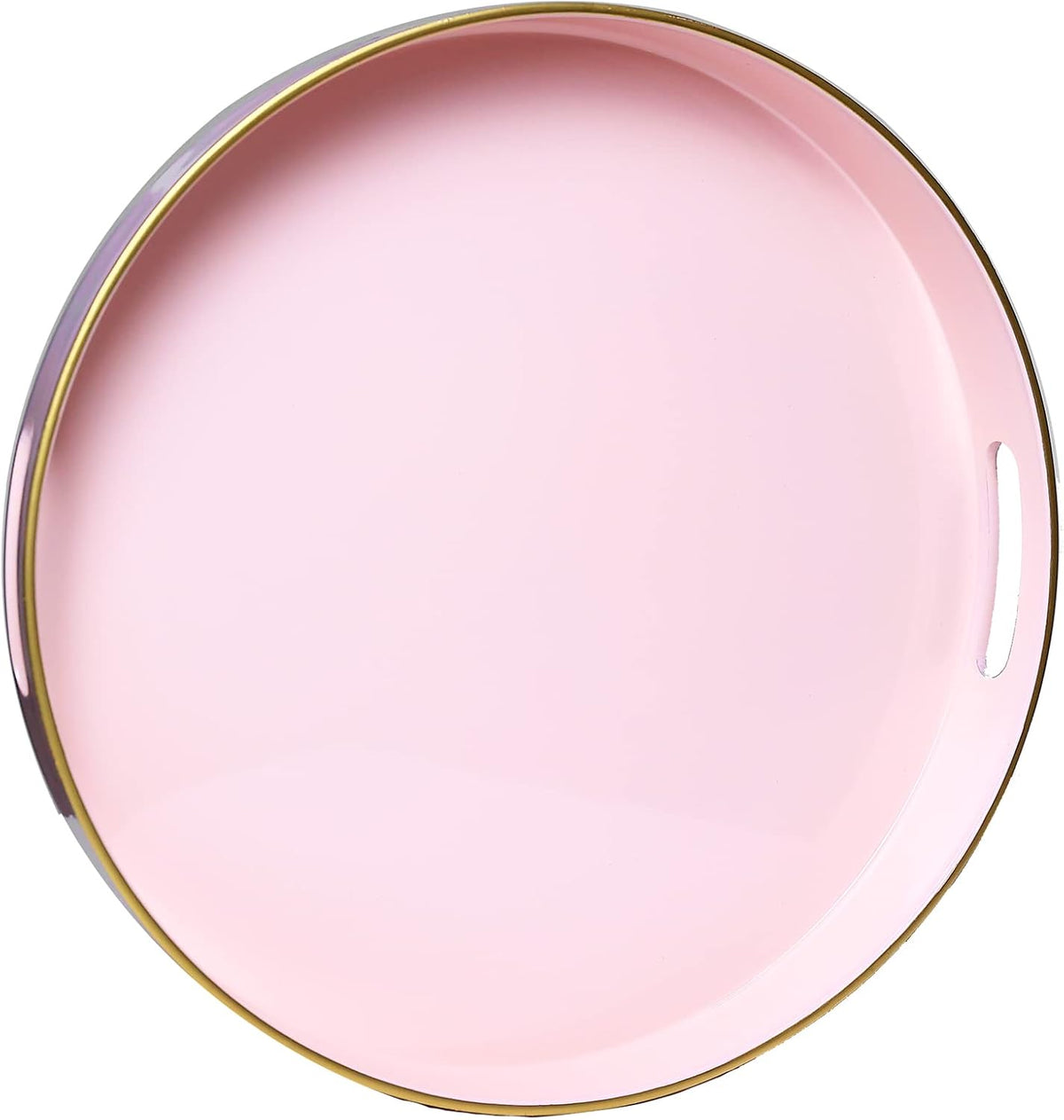 Round Pink Decorative Tray, 13" Plastic Serving Table Tray with Handles for Breakfast, Ottoman, Coffee Table, Bathroom, Kitchen, Living Room
