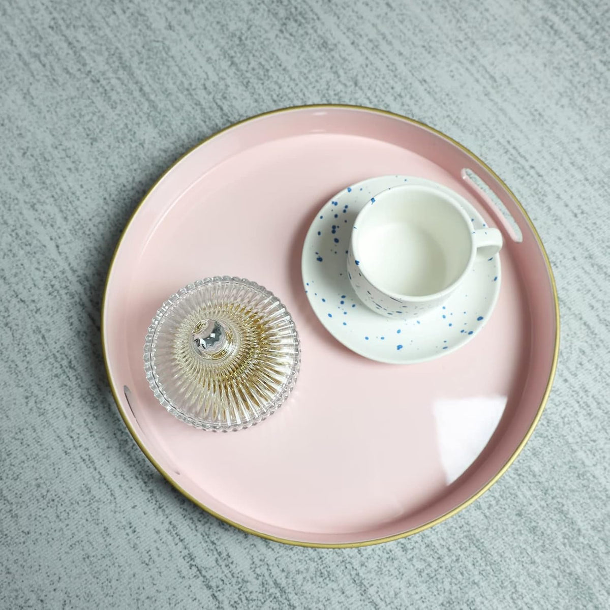 Round Pink Decorative Tray, 13" Plastic Serving Table Tray with Handles for Breakfast, Ottoman, Coffee Table, Bathroom, Kitchen, Living Room