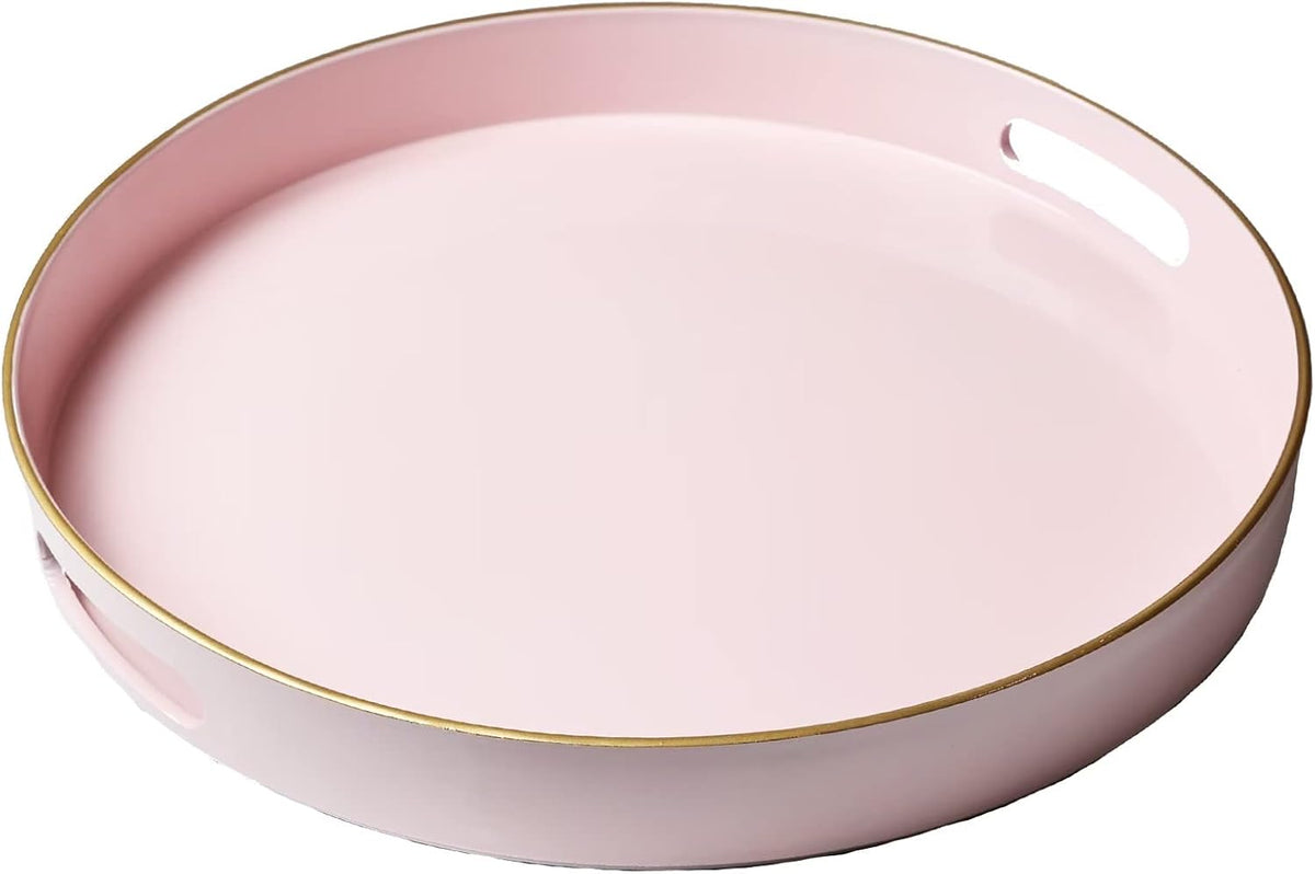 Round Pink Decorative Tray, 13" Plastic Serving Table Tray with Handles for Breakfast, Ottoman, Coffee Table, Bathroom, Kitchen, Living Room