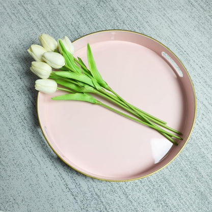 Round Pink Decorative Tray, 13" Plastic Serving Table Tray with Handles for Breakfast, Ottoman, Coffee Table, Bathroom, Kitchen, Living Room