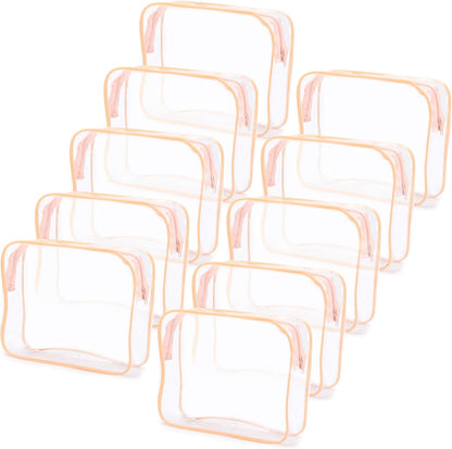 10 Pack Clear Cosmetic Bags Makeup Bags Portable Waterproof TSA Approved Travel Toiletry Bags Large Organizer Peach Pink, 9.8" x 7.1" x 2.4"