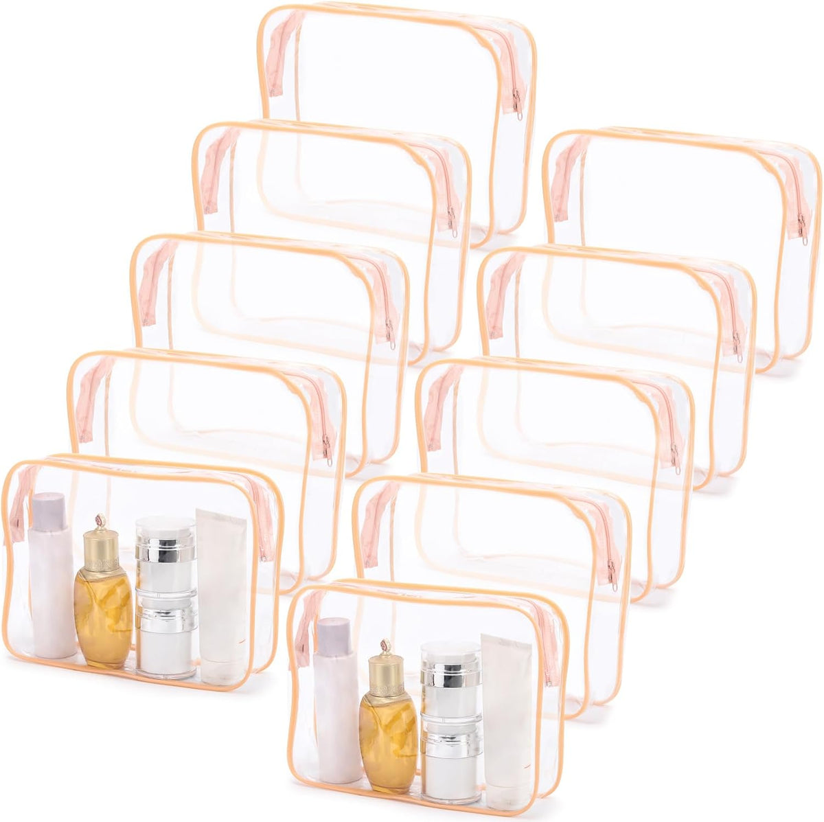 10 Pack Clear Cosmetic Bags Makeup Bags Portable Waterproof TSA Approved Travel Toiletry Bags Large Organizer Peach Pink, 9.8" x 7.1" x 2.4"