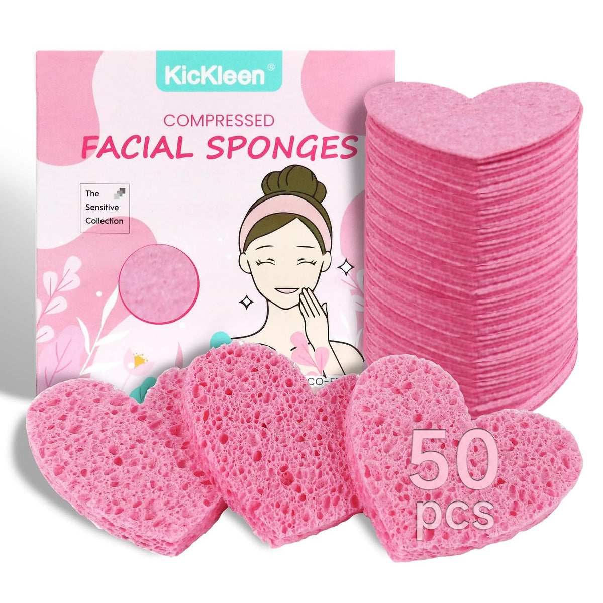 50-Count Compressed Cellulose Heart Shape Facial Sponges,Pink