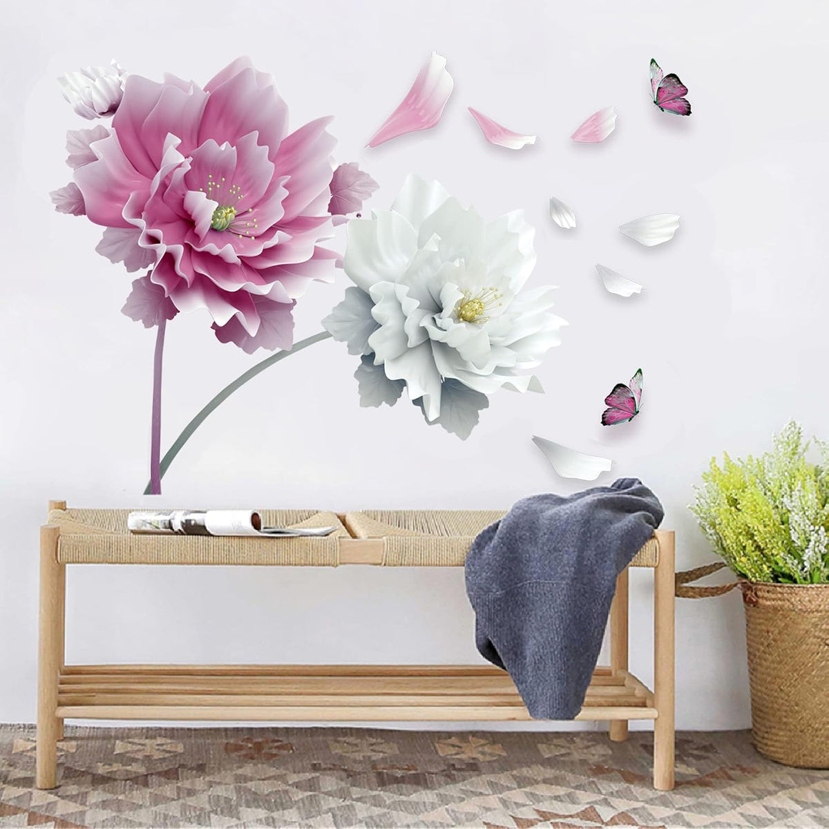 Large Pink Flowers Petals Butterfly Wall Decal Floral Wall Sticker