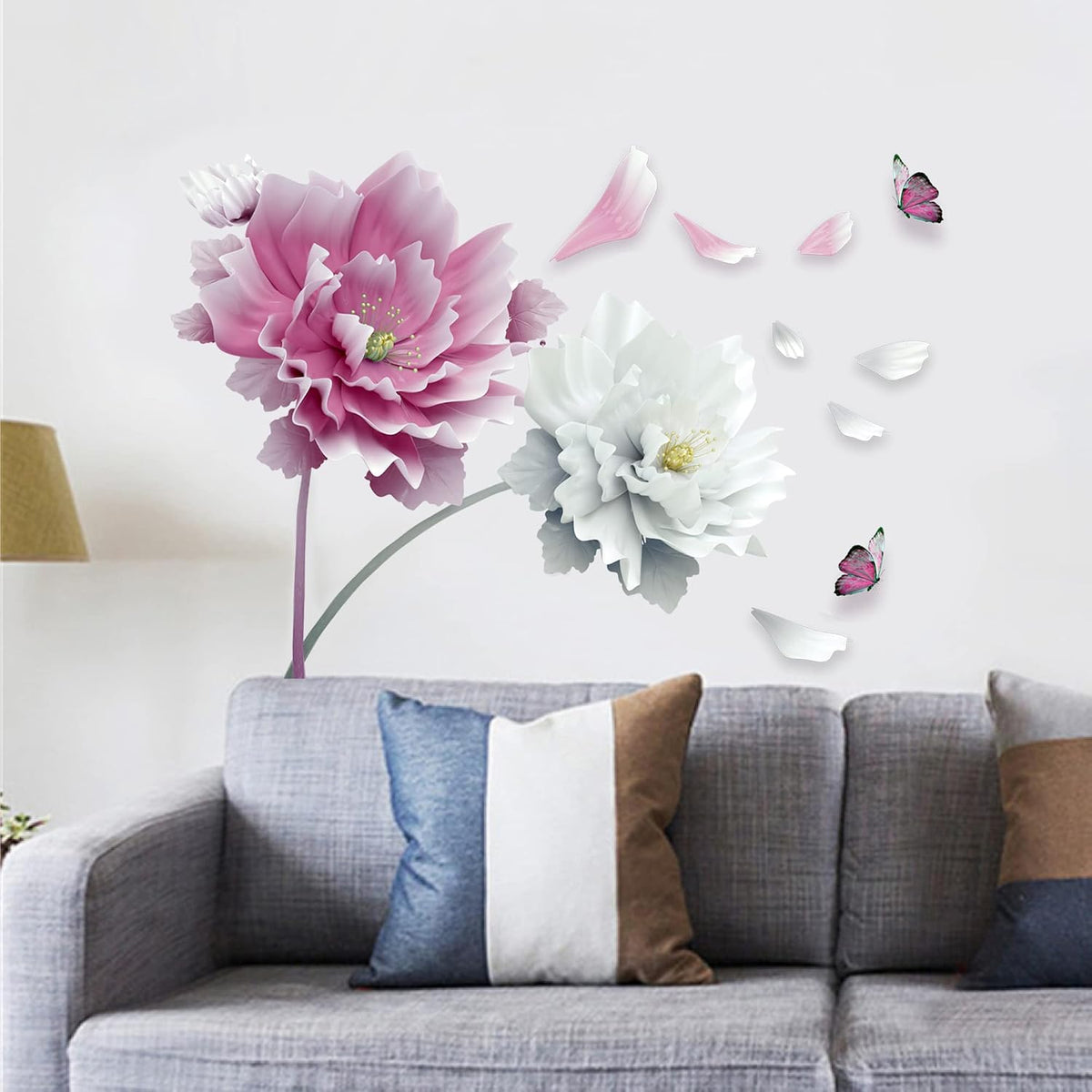 Large Pink Flowers Petals Butterfly Wall Decal Floral Wall Sticker