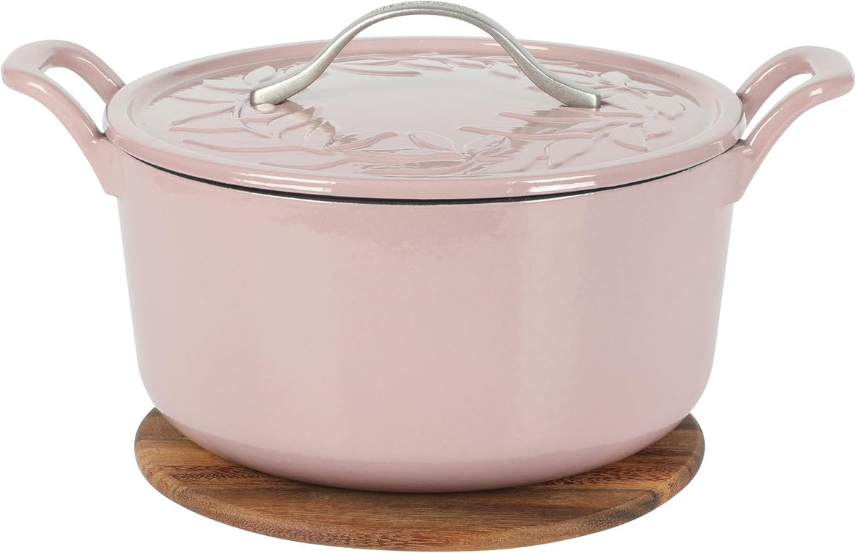 7 Qt Cast Iron Dutch Oven W/Embossed Lid, European Enamel, & Walnut Wood Trivet - Orchid Pink