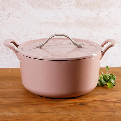 7 Qt Cast Iron Dutch Oven W/Embossed Lid, European Enamel, & Walnut Wood Trivet - Orchid Pink