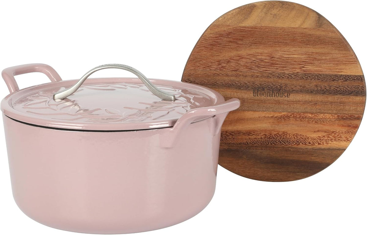 7 Qt Cast Iron Dutch Oven W/Embossed Lid, European Enamel, & Walnut Wood Trivet - Orchid Pink