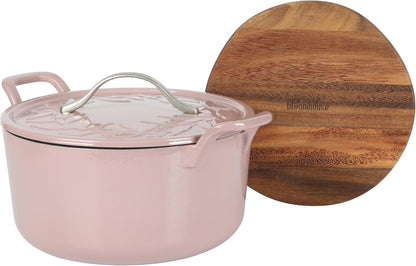 7 Qt Cast Iron Dutch Oven W/Embossed Lid, European Enamel, & Walnut Wood Trivet - Orchid Pink