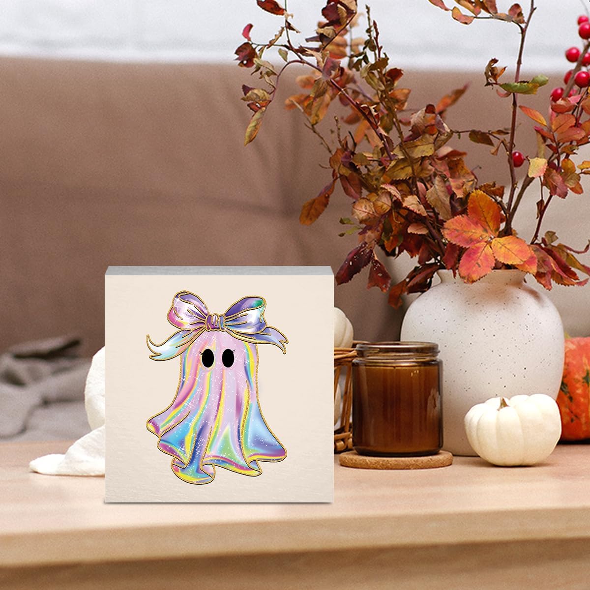 Pink Boo Ghost Halloween Decor Cute Halloween Desk Decor for Home Office Pink Boo Fall Decorations for Home 5 x 5 inches