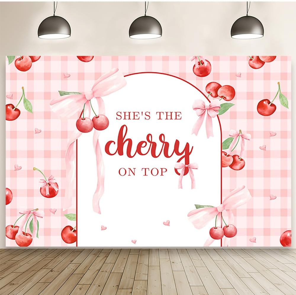 8x6ft She's The Cherry On Top Baby Shower Backdrop For Girl Cherry Theme Coquette Bridal Shower Decorations Bow Party Decor Bride To Be Engagement Party Decor Birthday Photobooth Props