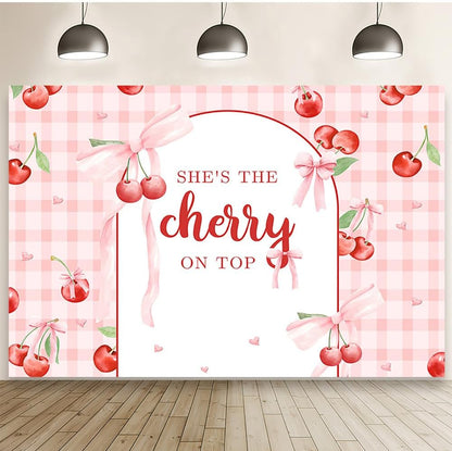 8x6ft She's The Cherry On Top Baby Shower Backdrop For Girl Cherry Theme Coquette Bridal Shower Decorations Bow Party Decor Bride To Be Engagement Party Decor Birthday Photobooth Props